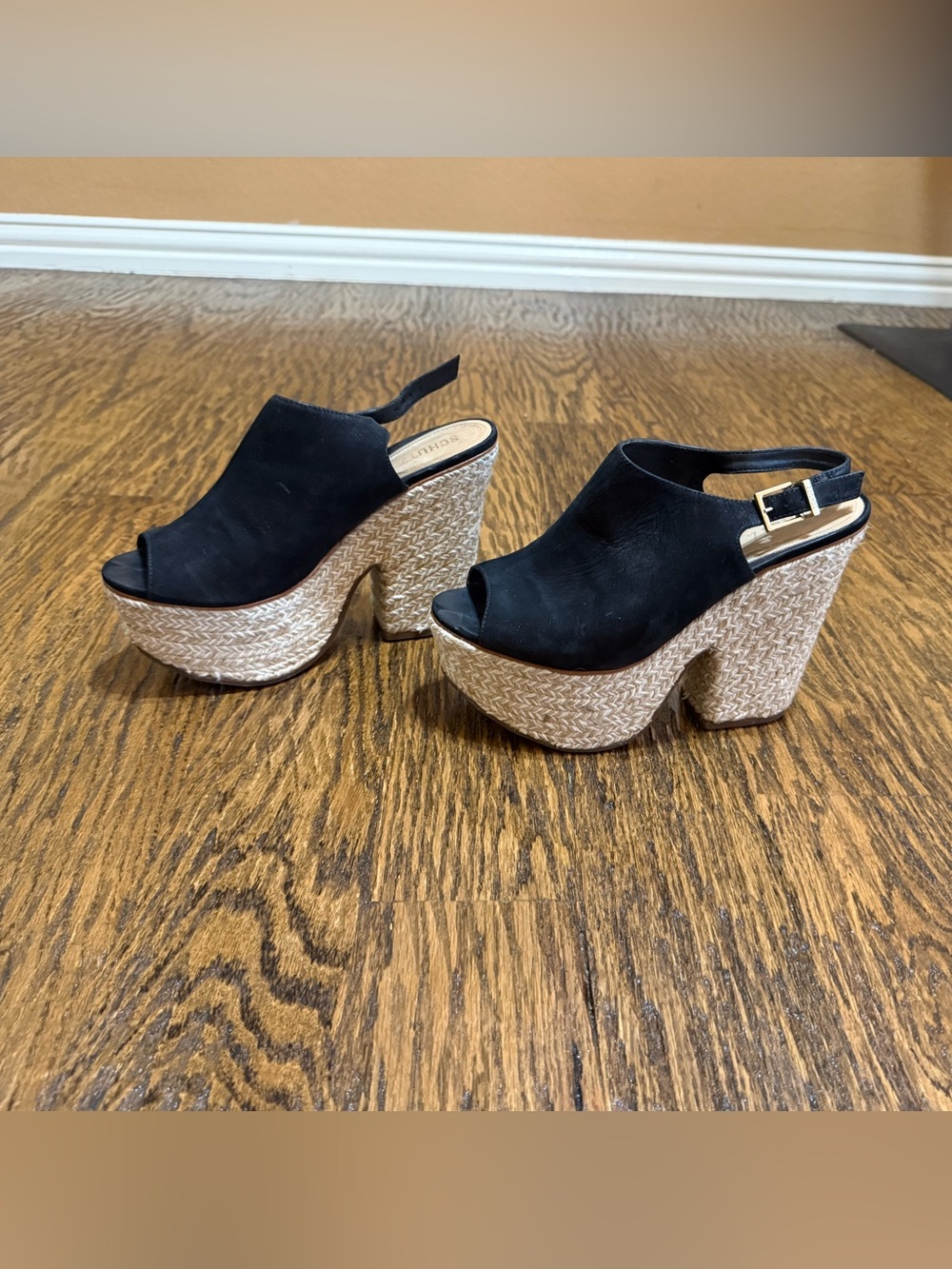 SCHUTZ Black Suede Wedge Espadrille Slingback Peep-Toe Sandals